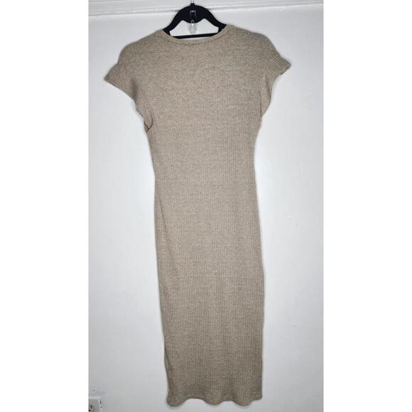 Zara Dress Womens Large Beige Ribbed Knit Sweater Short Sleeve Bodycon Midi - Picture 3 of 5